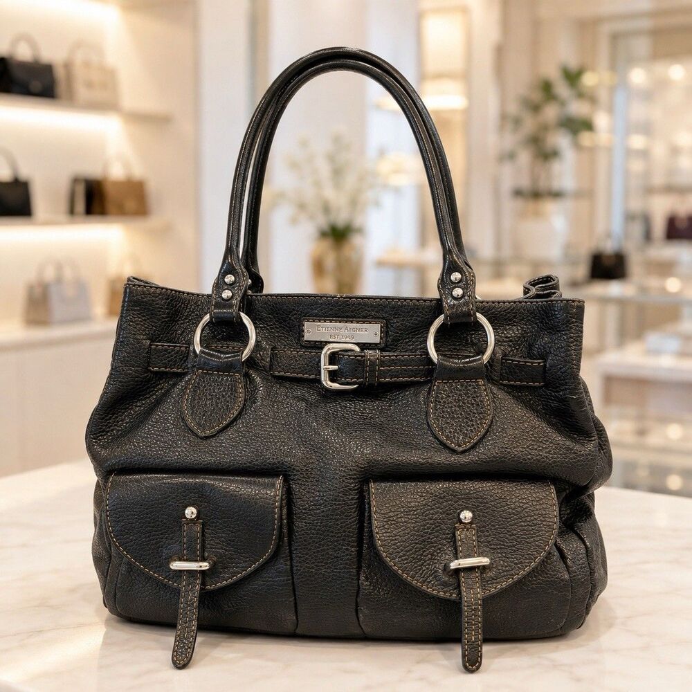 Vtg Etienne AIGNER Black Soft Pebbled Leather Shoulder Double Handle Handbag EUC